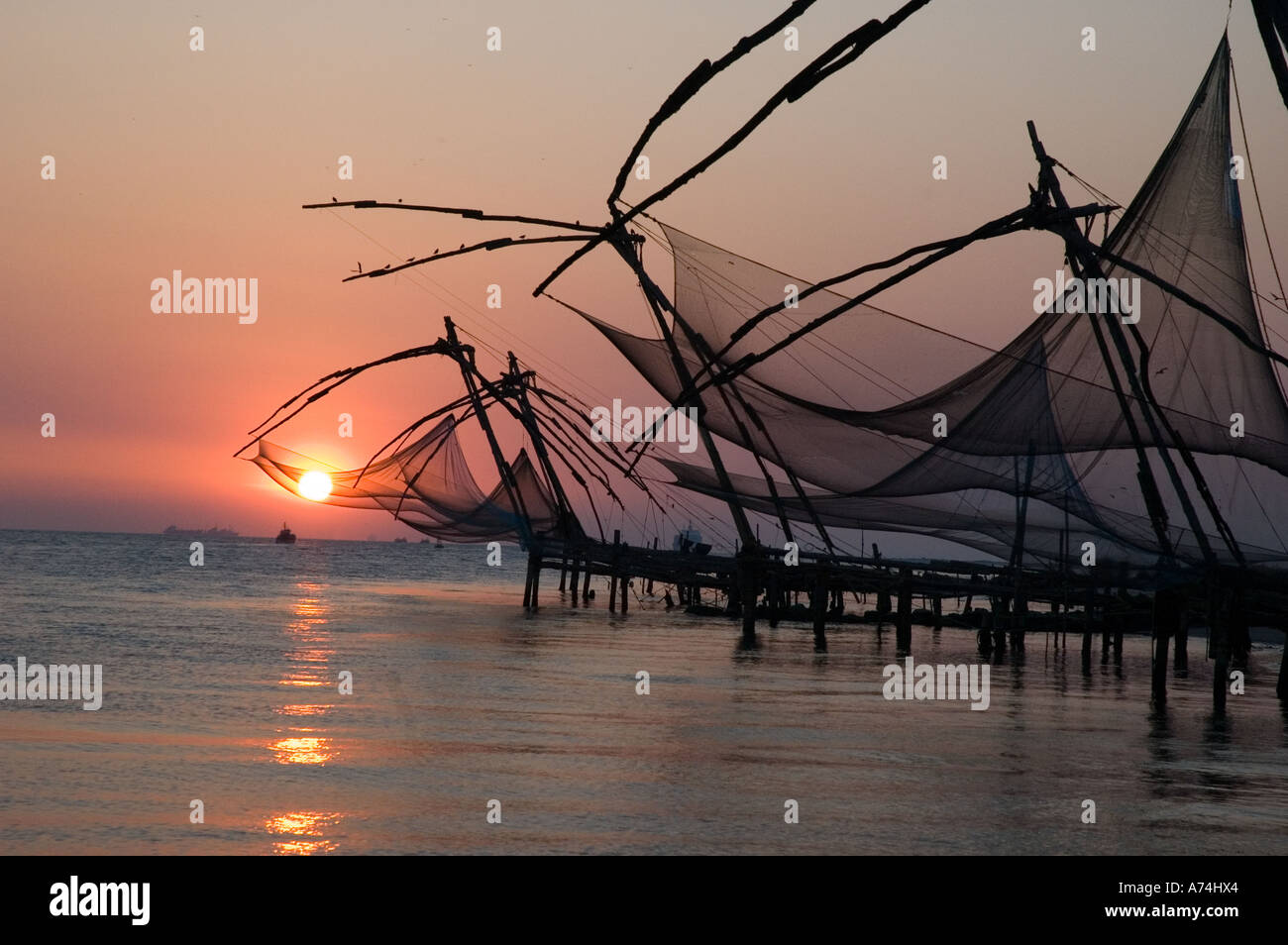 Filets de pêche chinois au coucher du soleil sur l'océan mer à Cochin Inde Banque D'Images