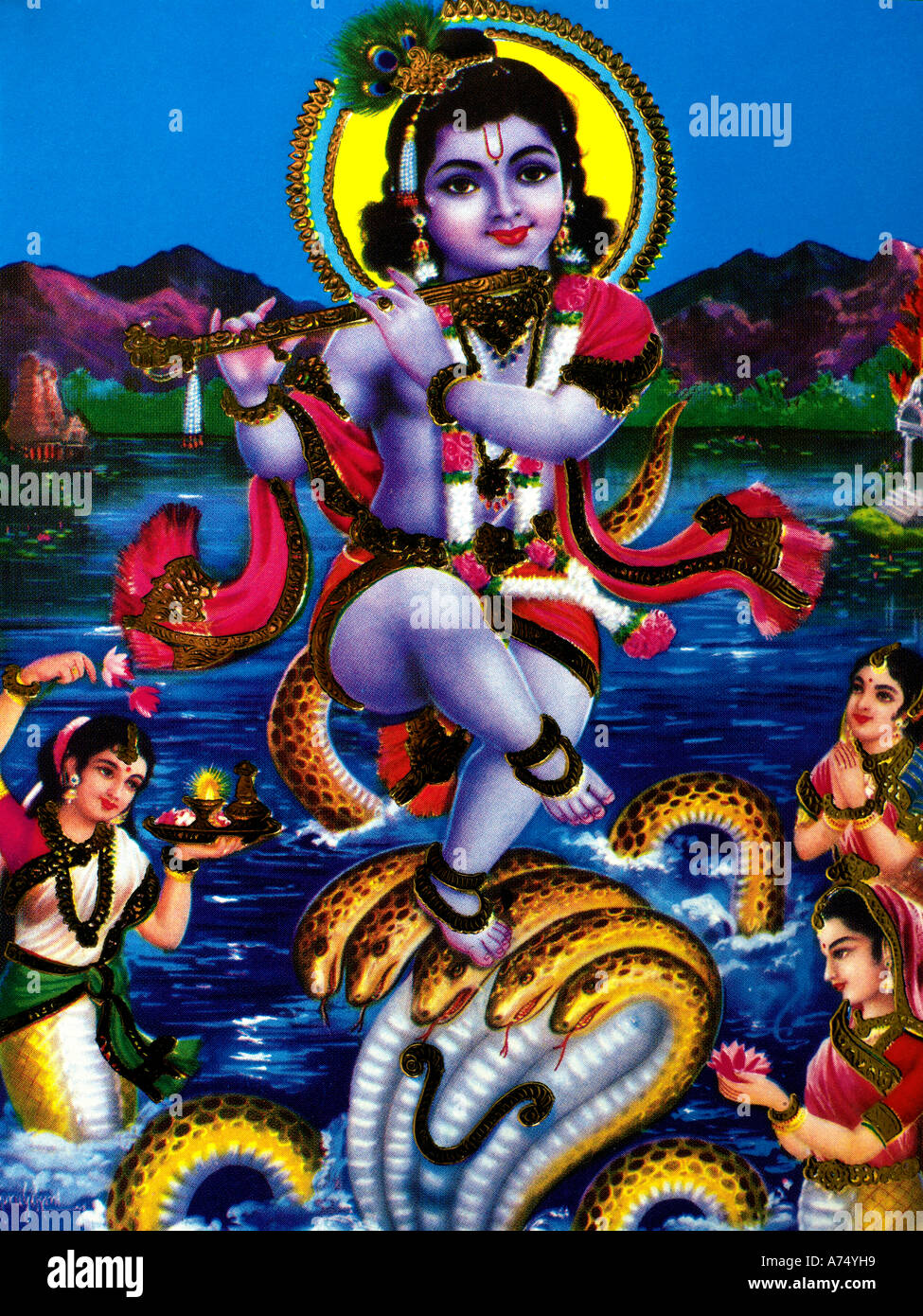 Krishna vaincre le serpent Banque D'Images