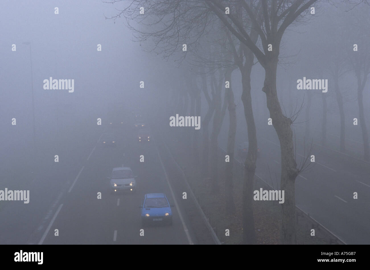 Conduite sur route dans un épais brouillard traffic Banque D'Images