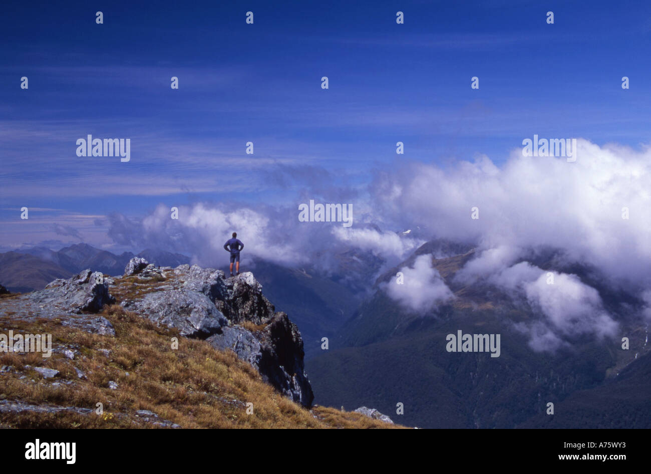 Triomphant de l'homme ayant atteint le sommet de la colline conique sur le Routeburn Track ile sud Nouvelle Zelande Banque D'Images
