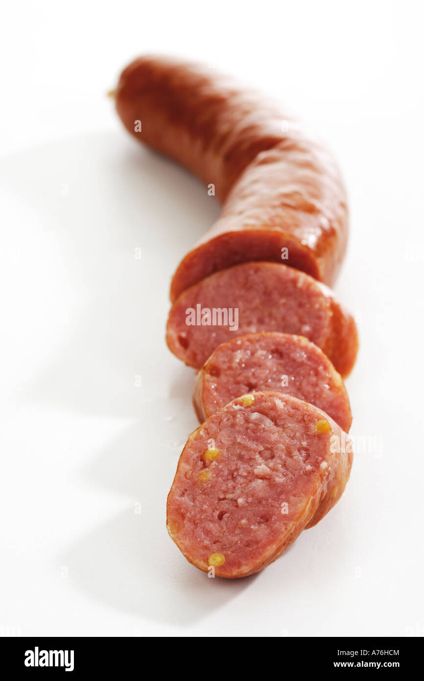 Tranches de saucisse de viande hachée, close-up Banque D'Images