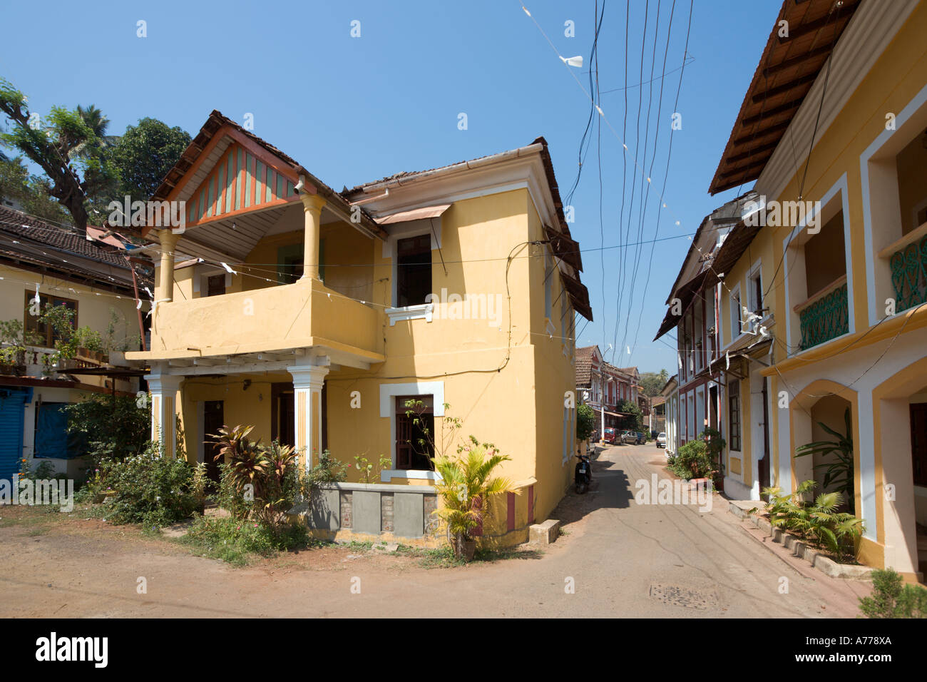 Maisons du vieux quartier historique de Fontainhas, Panaji ou Panjim (la capitale de Goa, Goa, Inde) Banque D'Images