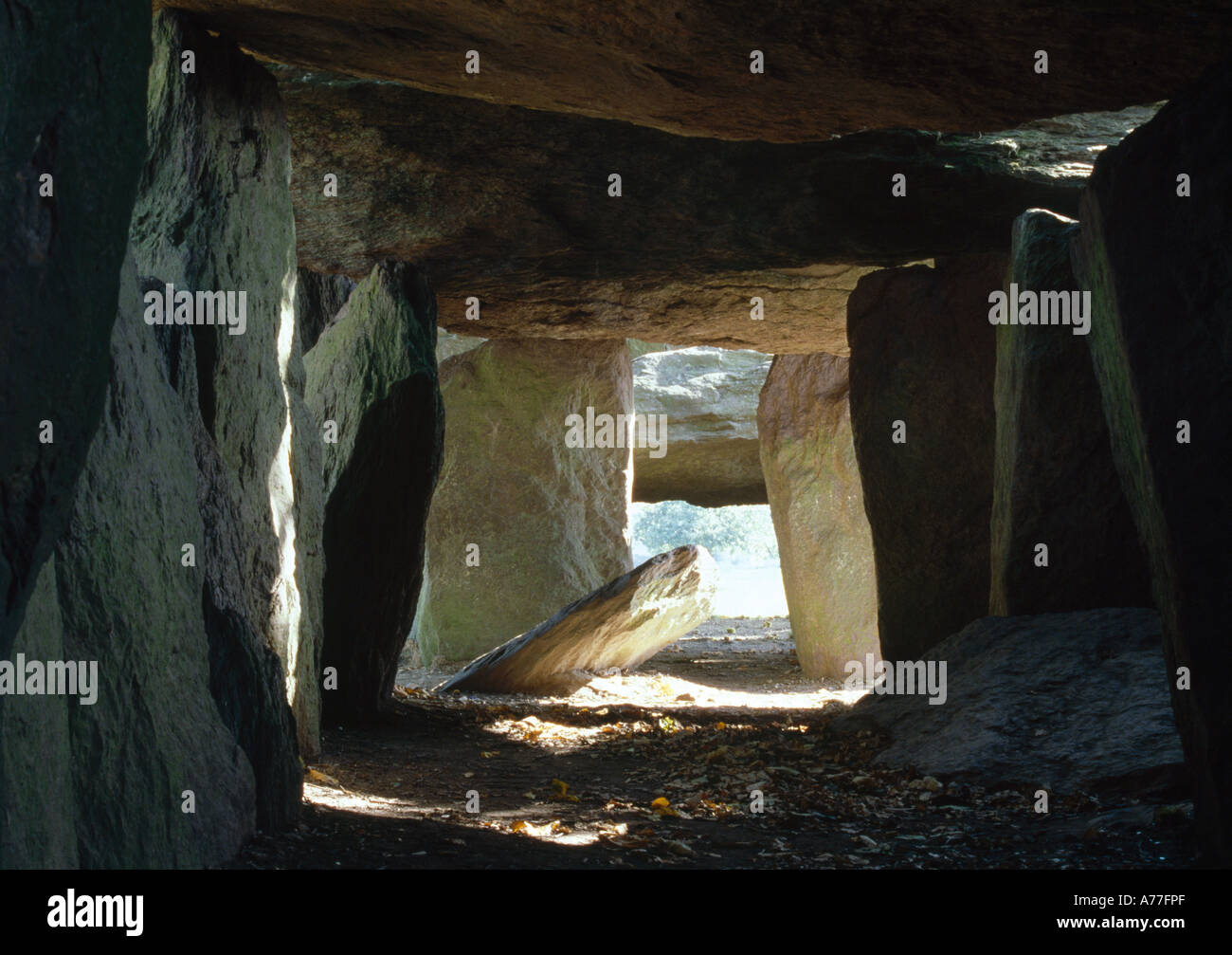 La Roche aux Fées, fées ou rock, Esse, Ille-et-Vilaine, Bretagne. l'intérieur de la cabine. Site de l'ancienne d'inhumation ou de culte. Banque D'Images