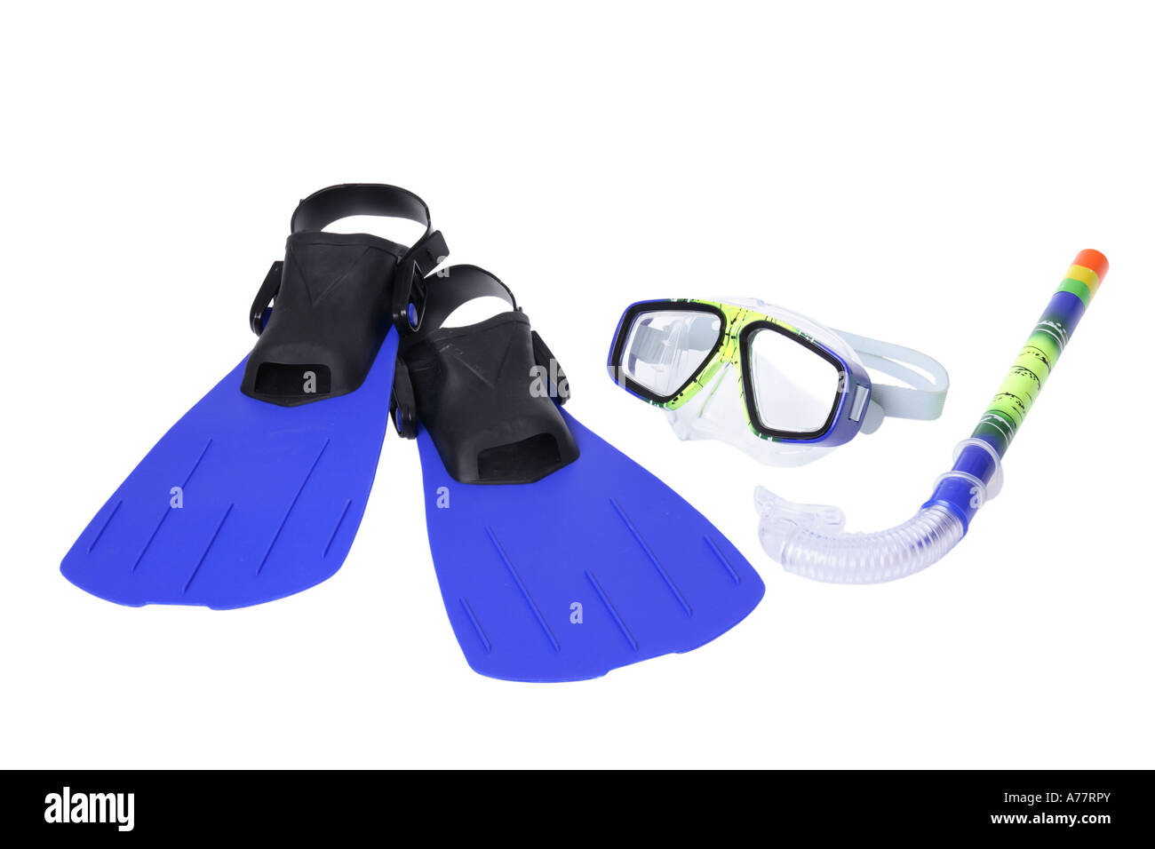 Tuba, masque et palmes découper sur fond blanc Banque D'Images