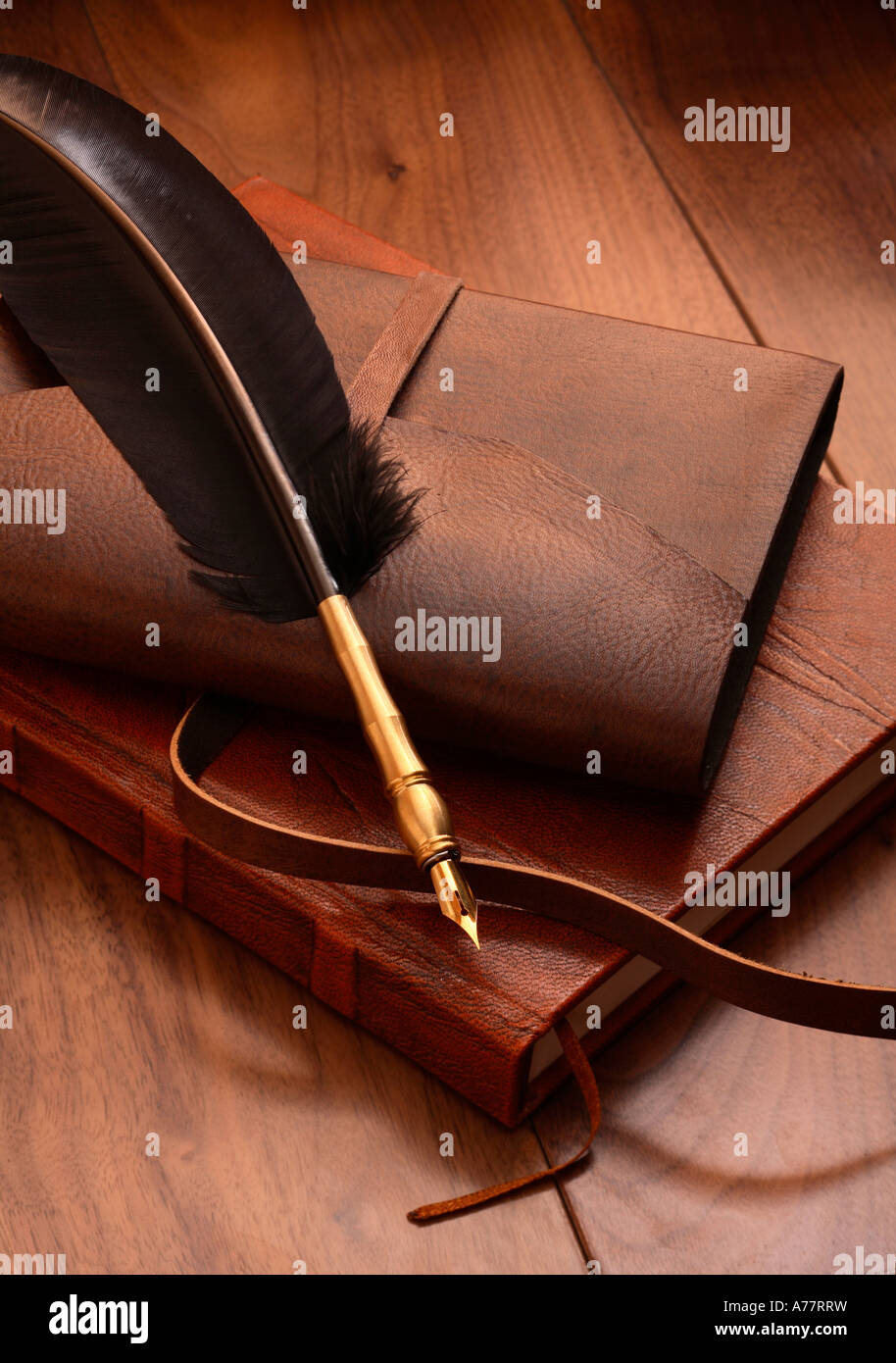 Plume d'antiques sur pile de journaux relié en cuir Banque D'Images