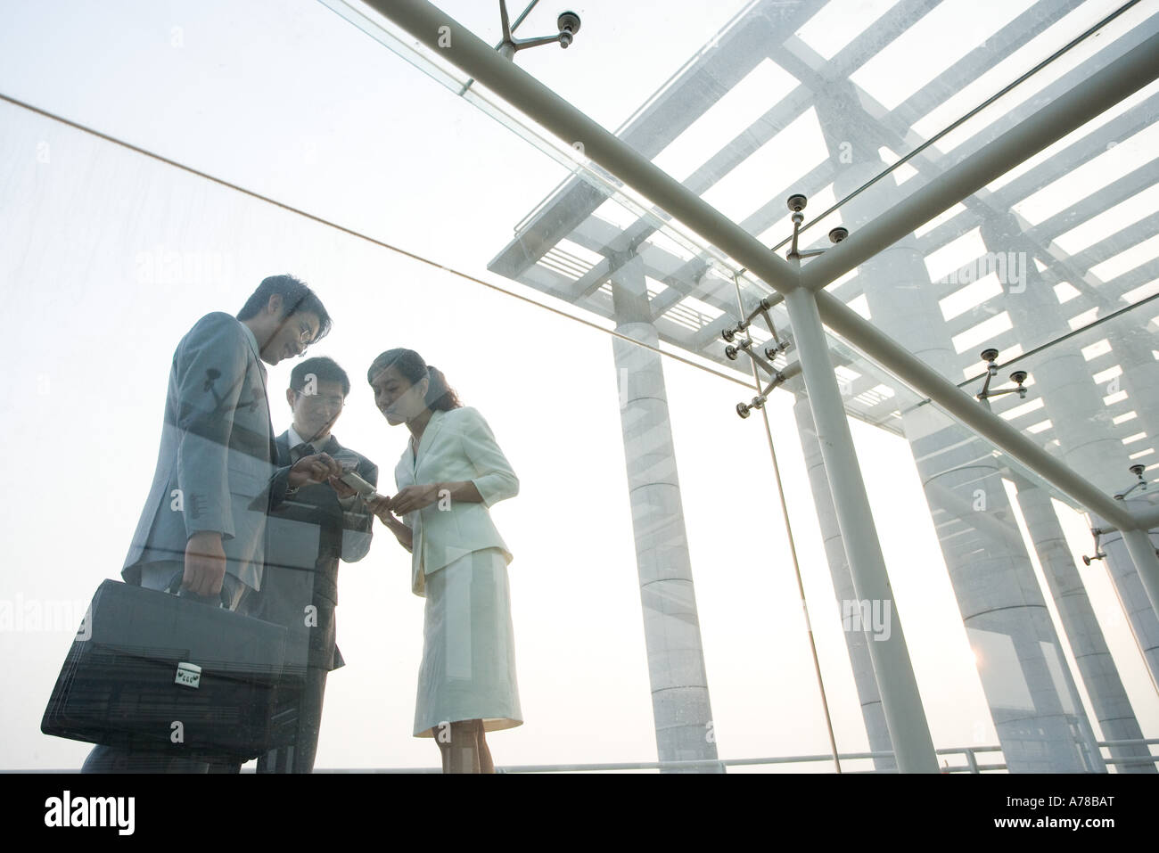 Trois cadres d'affaires debout dans galerie en verre, parler, low angle view Banque D'Images