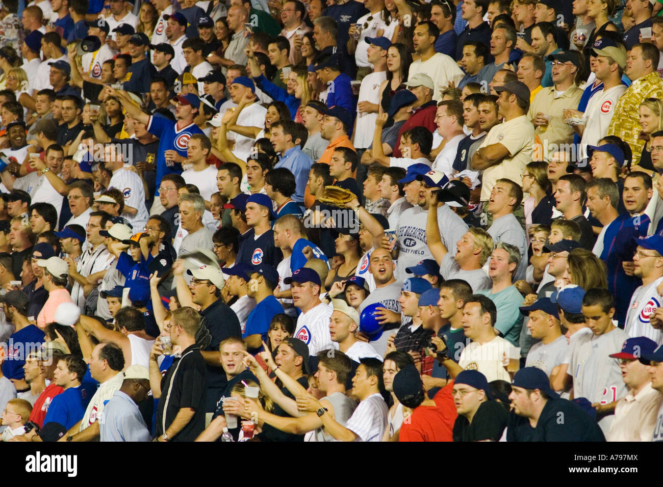Chicago Illinois SPORTS jeu de nuit à Wrigley Field fans dans les gradins debout les bras de pompage de crier Banque D'Images