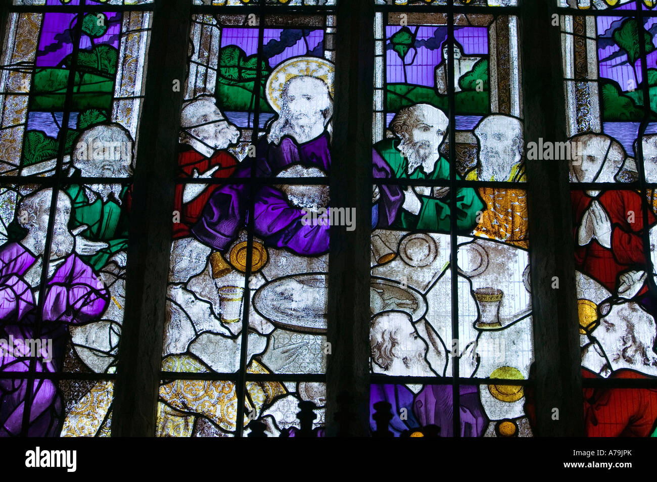 Vitraux anciens dans l'église St Neot, Bodmin Moor, Cornwall, le mieux conservé d'anciens vitraux verre au Royaume-Uni Banque D'Images