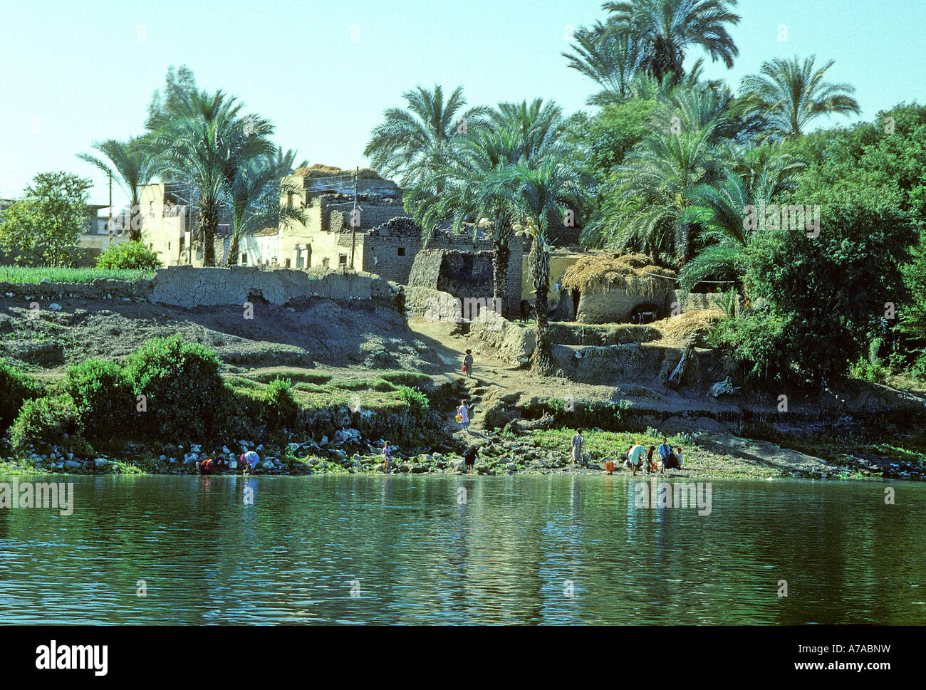 Les femmes lavent les vêtements le long des rives du Nil, l'Egypte Banque D'Images