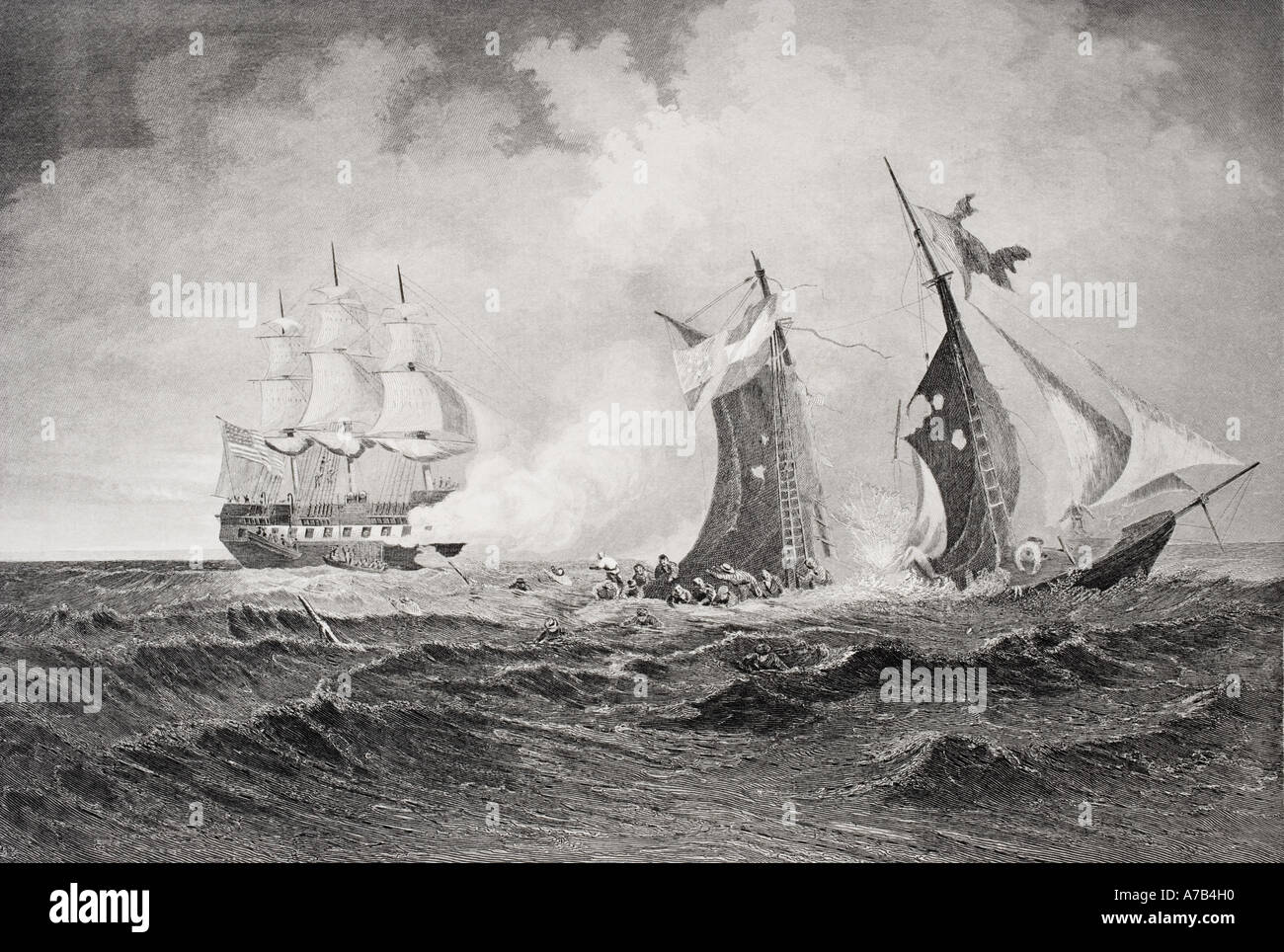 La destruction de l'Océanite corsaire par le Saint-Laurent durant la guerre civile américaine, 1861. L'artiste Paul Manzoni. Banque D'Images