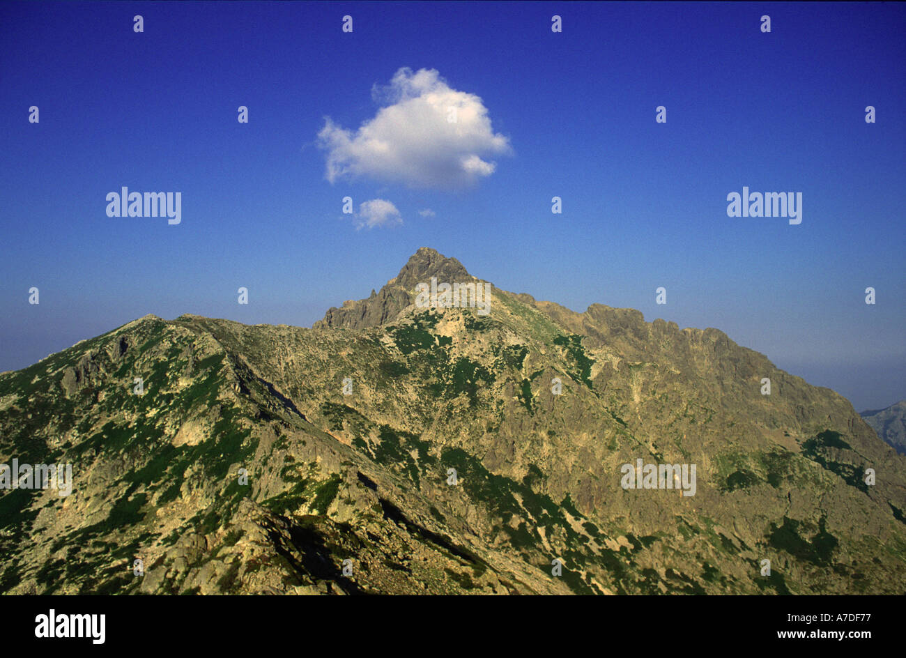 Un nuage flotte au-dessus du sommet du Monte d'Oro sur le GR20 dans les montagnes de la Corse. Banque D'Images
