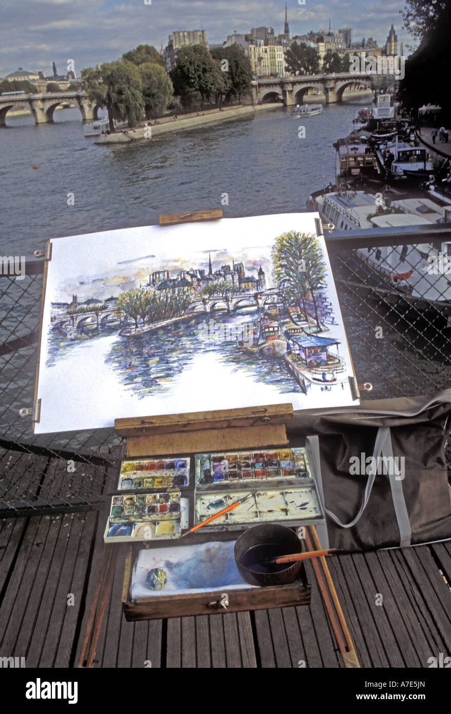 Europe France Paris une peinture de l'Ile de la Cité sur un pont sur la Seine Banque D'Images