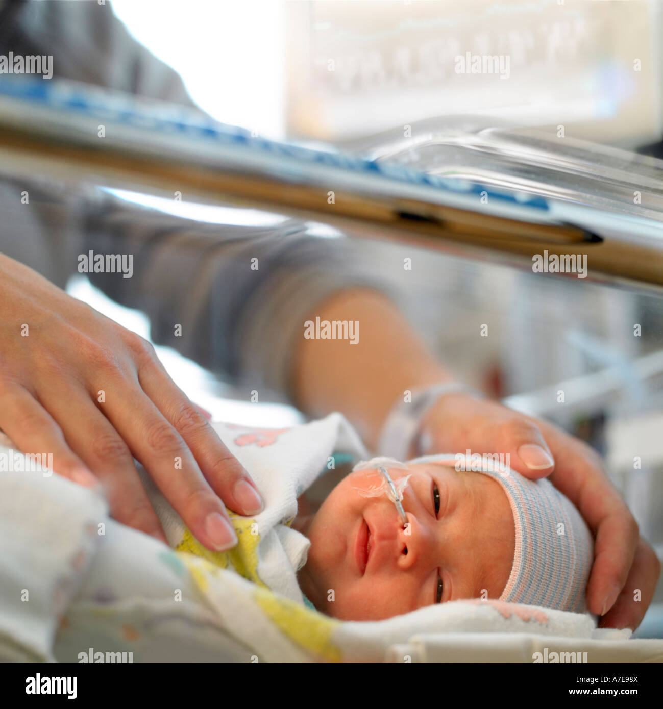 Premature Bebe Premie Incubateur Hopital Soins Soins Intensifs Mere Mains Maman Fils Garcon Bebe Machines Machine Equipement Photo Stock Alamy