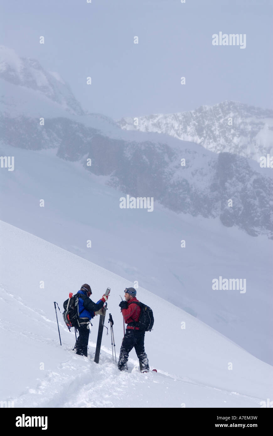 L'écorcher les skieurs après une course de ski sur le glacier Asulkan, secteur du col Rogers, Selkirk, Canadian Rockies, BC, Canada Banque D'Images