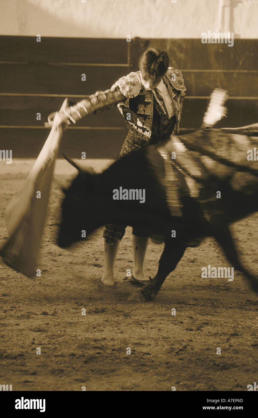 Le Mexique, Jalisco, Puerto Vallarta. Le noir et blanc d'un matador et taureau dans une corrida concours. Banque D'Images