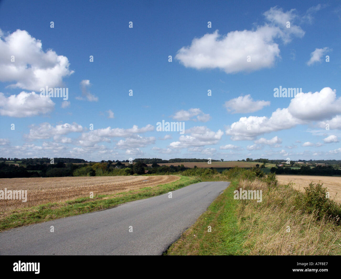 Grand ciel au-dessus de l'étroite route de campagne Suffolk passant par des terres agricoles non clôturées agricoles ouvertes près de Lavenham ciel bleu jour ensoleillé East Anglia Angleterre Royaume-Uni Banque D'Images