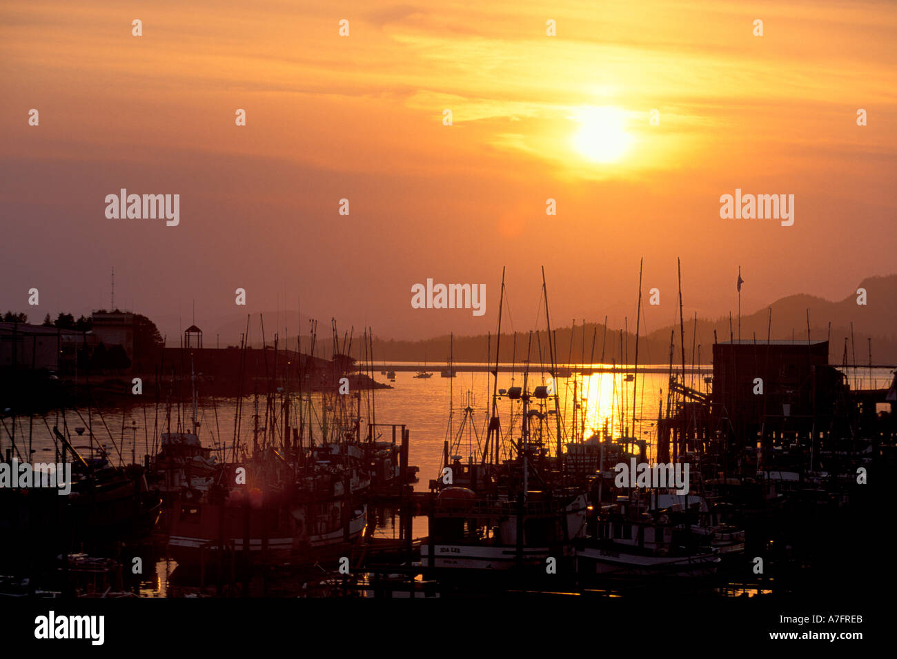 NA, USA, Alaska, Sitka, une partie de la flotte de pêche de Sitka est lié ; l'île Baranof est derrière Banque D'Images