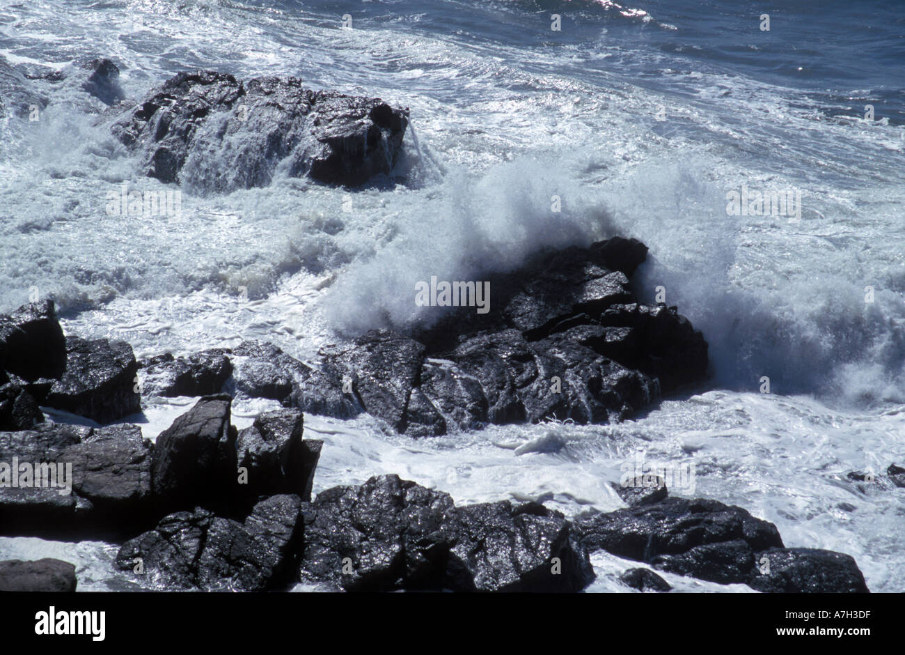 La mer s'écraser contre les rochers sur la côte ouest de la Nouvelle-Zélande Banque D'Images
