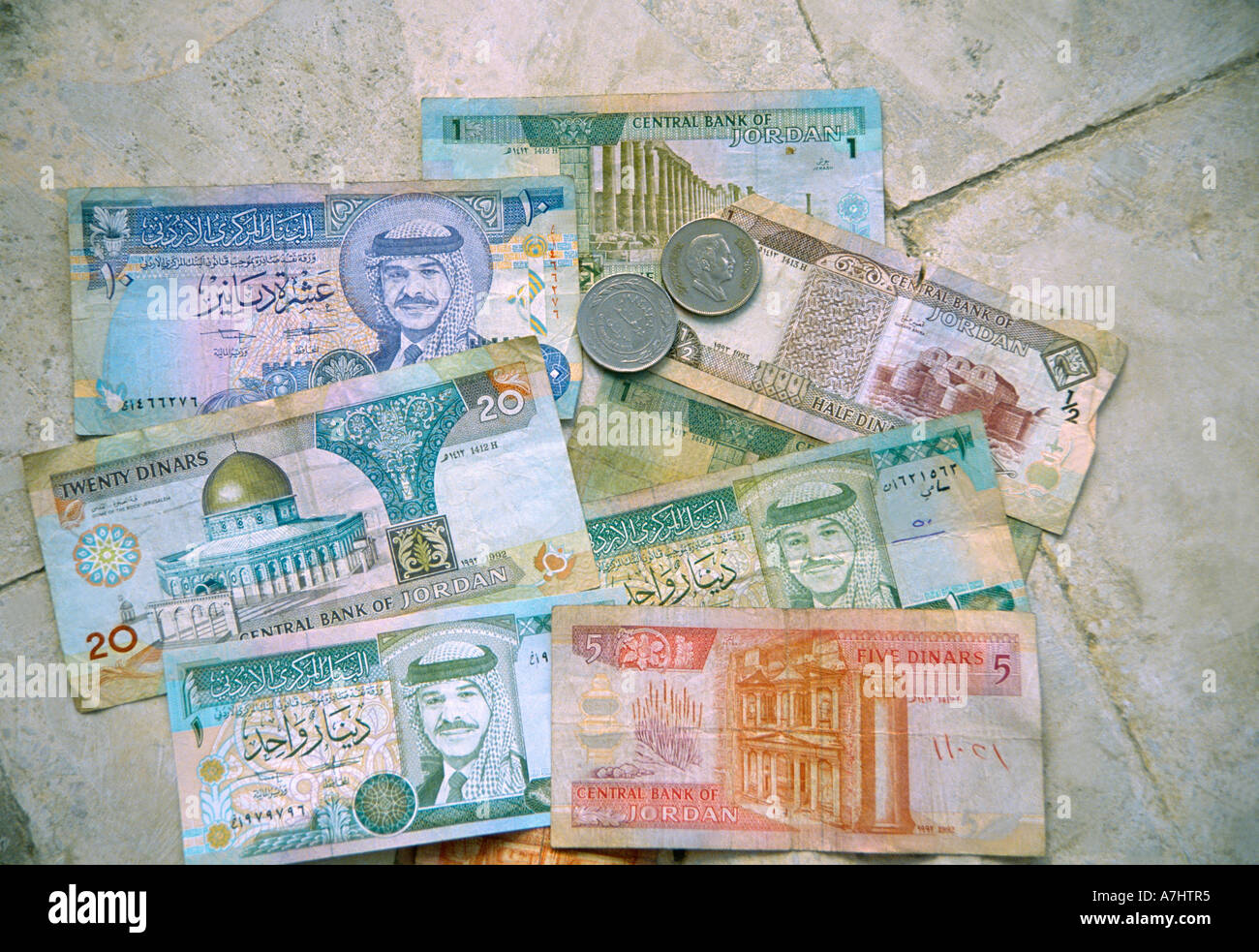 Jordan Dinar Monnaie Note & Coins Banque D'Images