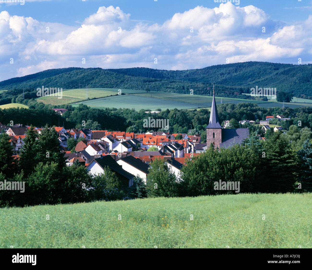 Stadt dans Landschaft eingebettet, Stadtpanorama von Waldkappel, Wehre, Hessisches Bergland, Hessen Banque D'Images