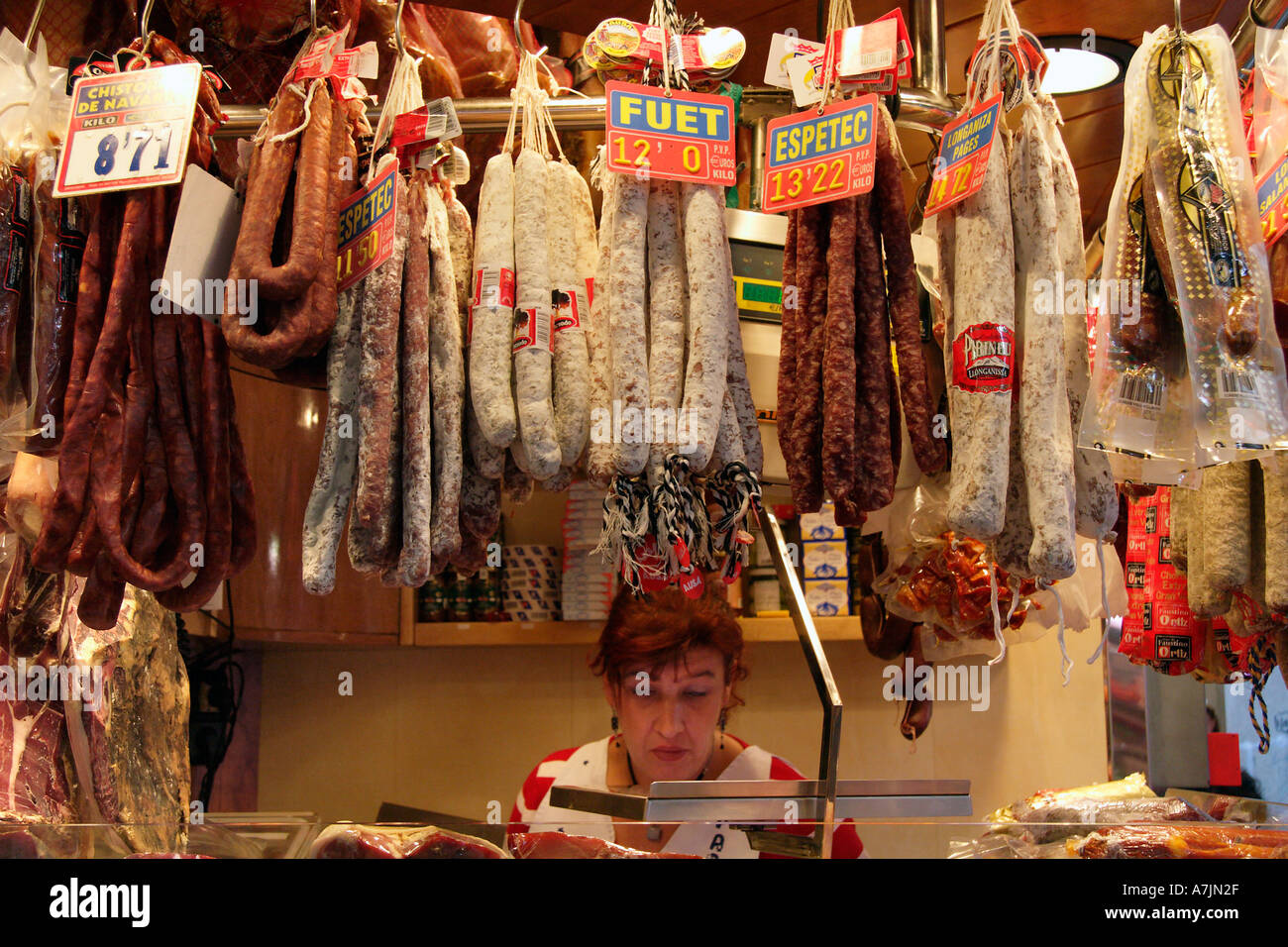 Saucisses vente Sant Josep de la Bouqueria Barcelone Marché Banque D'Images