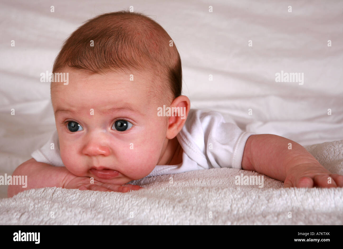 Mignon Bebe Nouveau Ne Avec De Magnifiques Grands Yeux Innocents Bleu Tete De Confiance Detient En Main En Geste Aimable Sur Les Serviettes De Bain Blanc Photo Stock Alamy