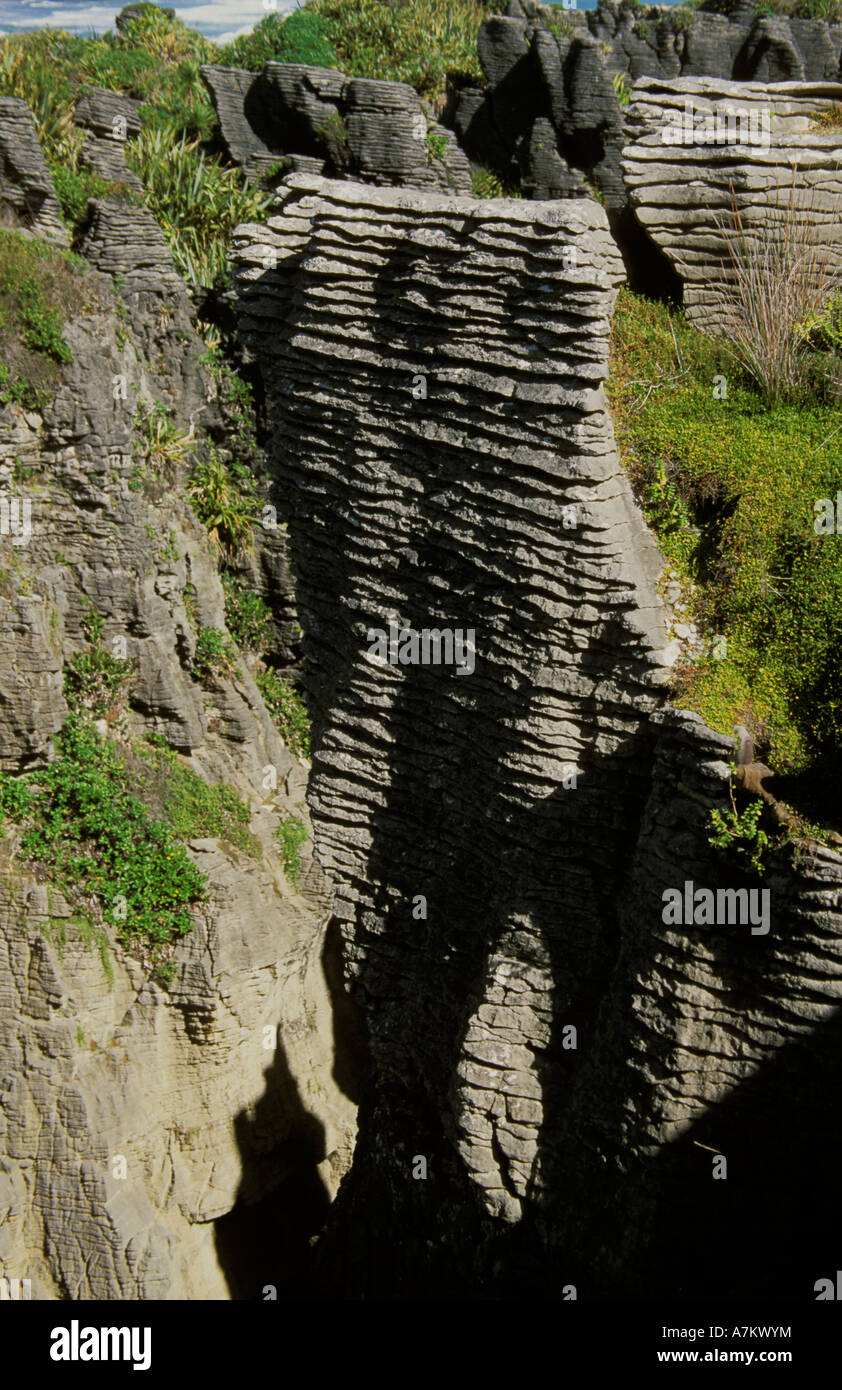 Pancake Rocks Punakaiki Nouvelle-zélande océan des couches de calcaire sculpté ressemblant à des piles de crêpes Banque D'Images