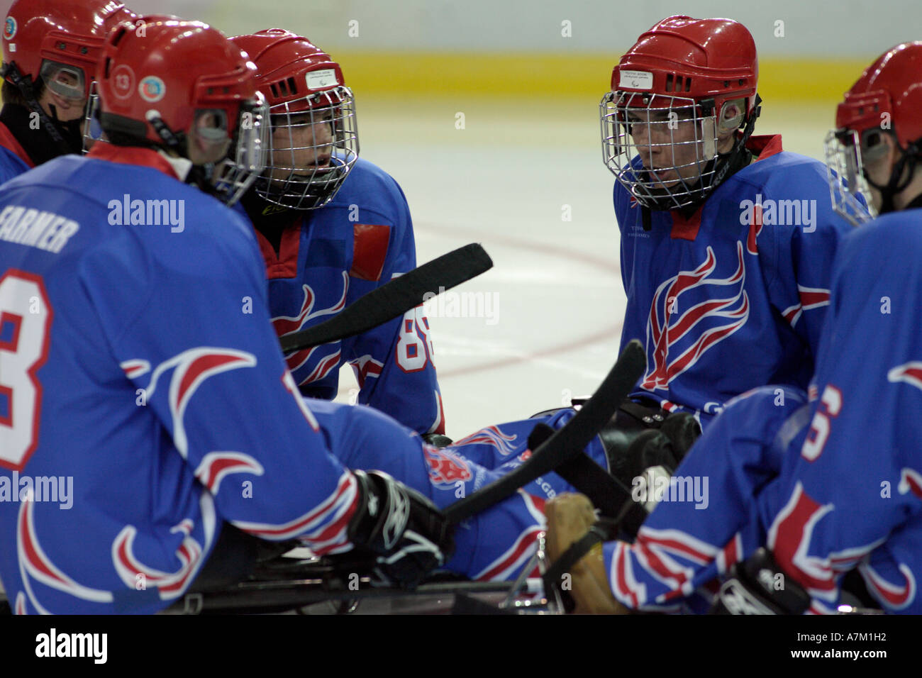 Team Grande-bretagne ont un échange au cours du premier match de la ronde préliminaire masculine de hockey sur luge entre Grande-bretagne et Ca Banque D'Images