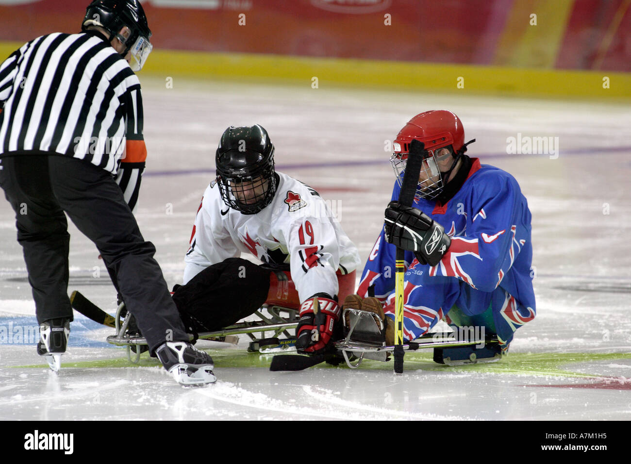 De mort face à face pendant le match d'ouverture de la ronde préliminaire du hockey sur luge hommes entre la Grande-Bretagne et le Canada Banque D'Images