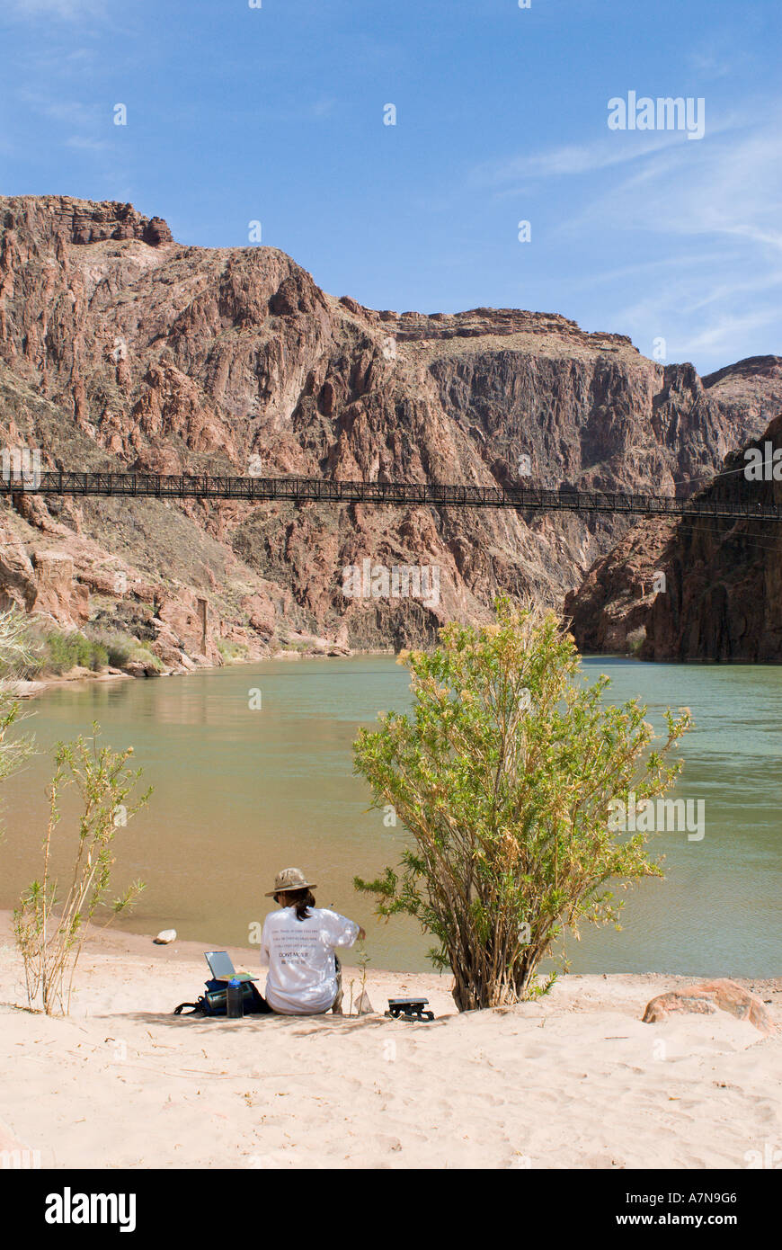 Femme plein air de l'aquarelle à la rivière Colorado dans le Grand Canyon Banque D'Images