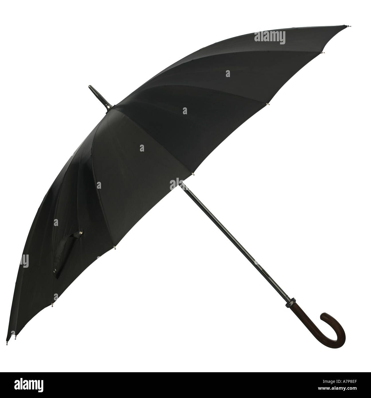 Parapluie noir ouvert se découpant sur fond blanc Banque D'Images