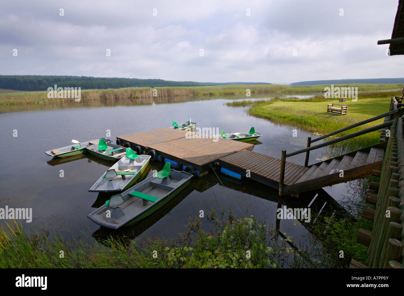 Bateaux amarrés à un ponton au bord d'une grande zone humide highveld à Lakenvlei Lodge, près de Dullstroom entre Belfast et D Banque D'Images