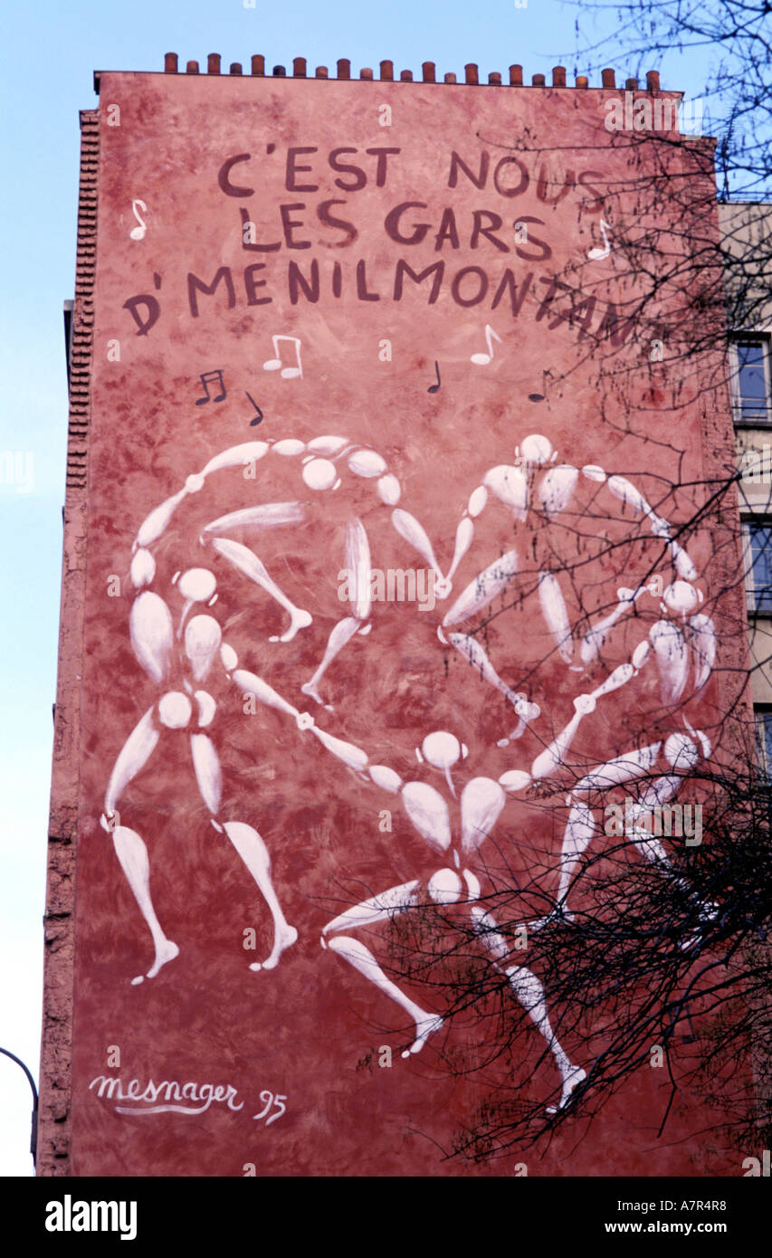 France, Paris, fresque murale par Mesnager dans le quartier Ménilmontant Banque D'Images