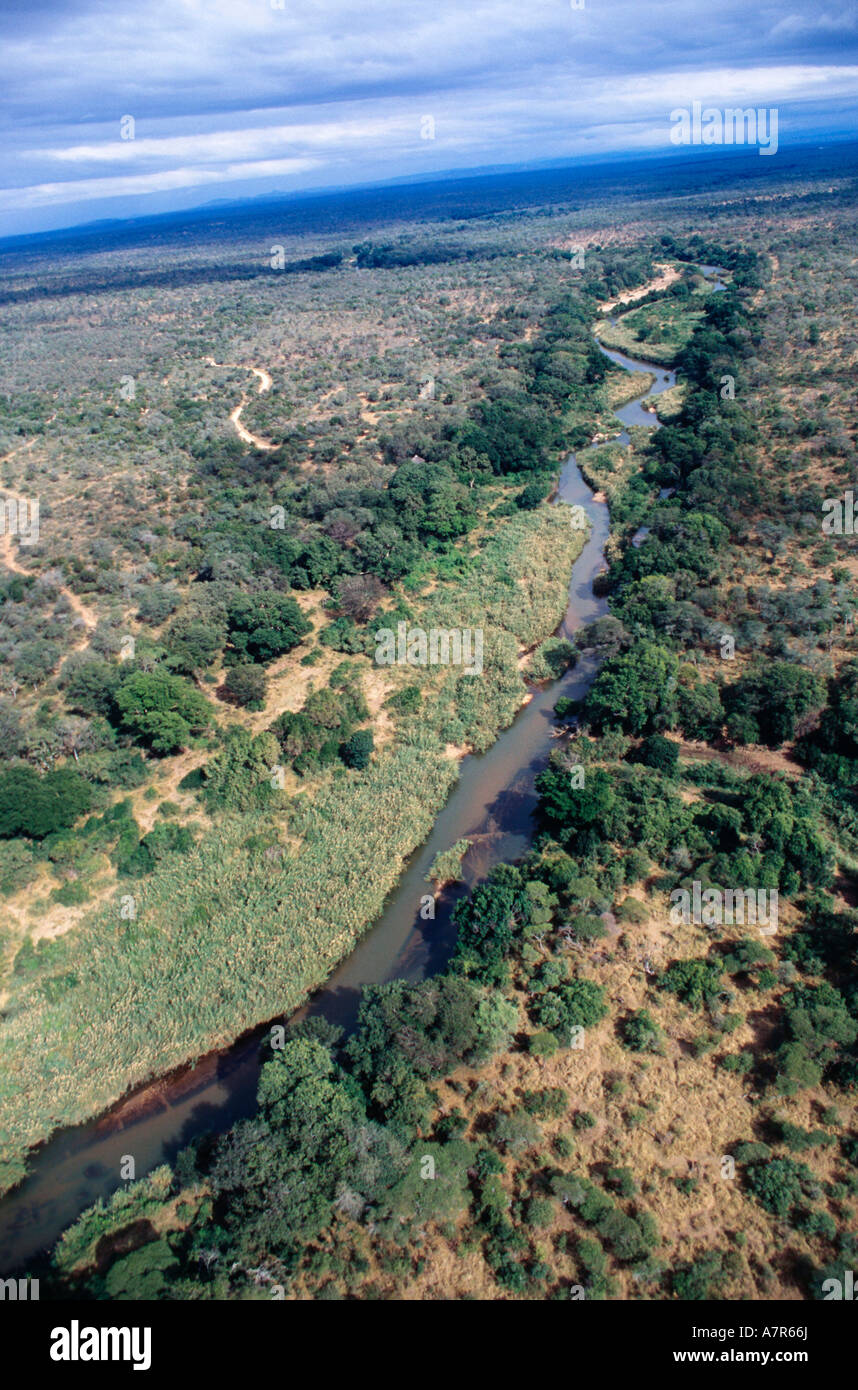 Une vue aérienne de la rivière Sabie, dans le Parc National Kruger montrant des lits de roseaux d'une frange forestière riveraine et Kruger bushveld Banque D'Images