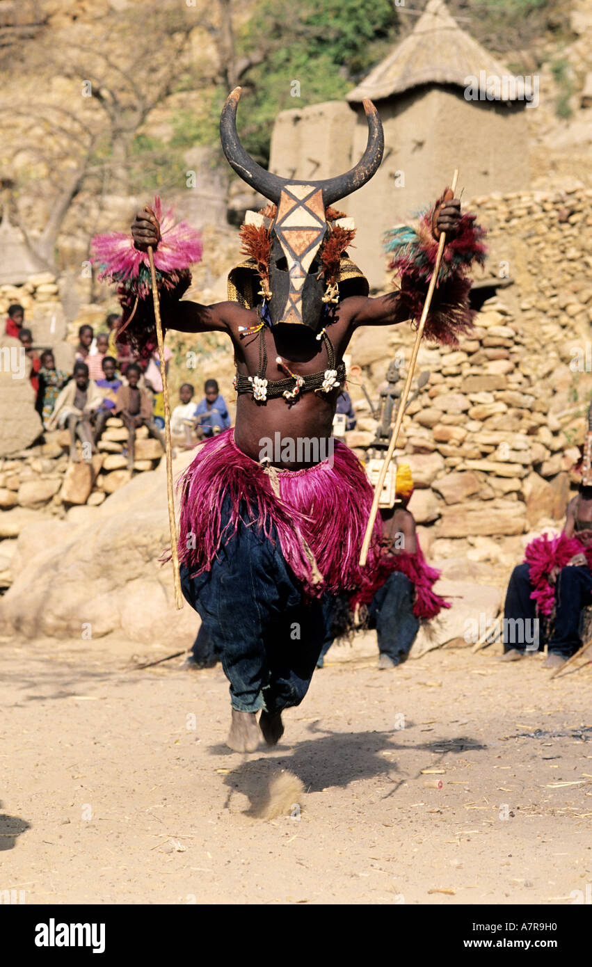 Mali, Pays Dogon, Tereli Dama (fin de deuil) de Ambeguele, le masque de vache Banque D'Images