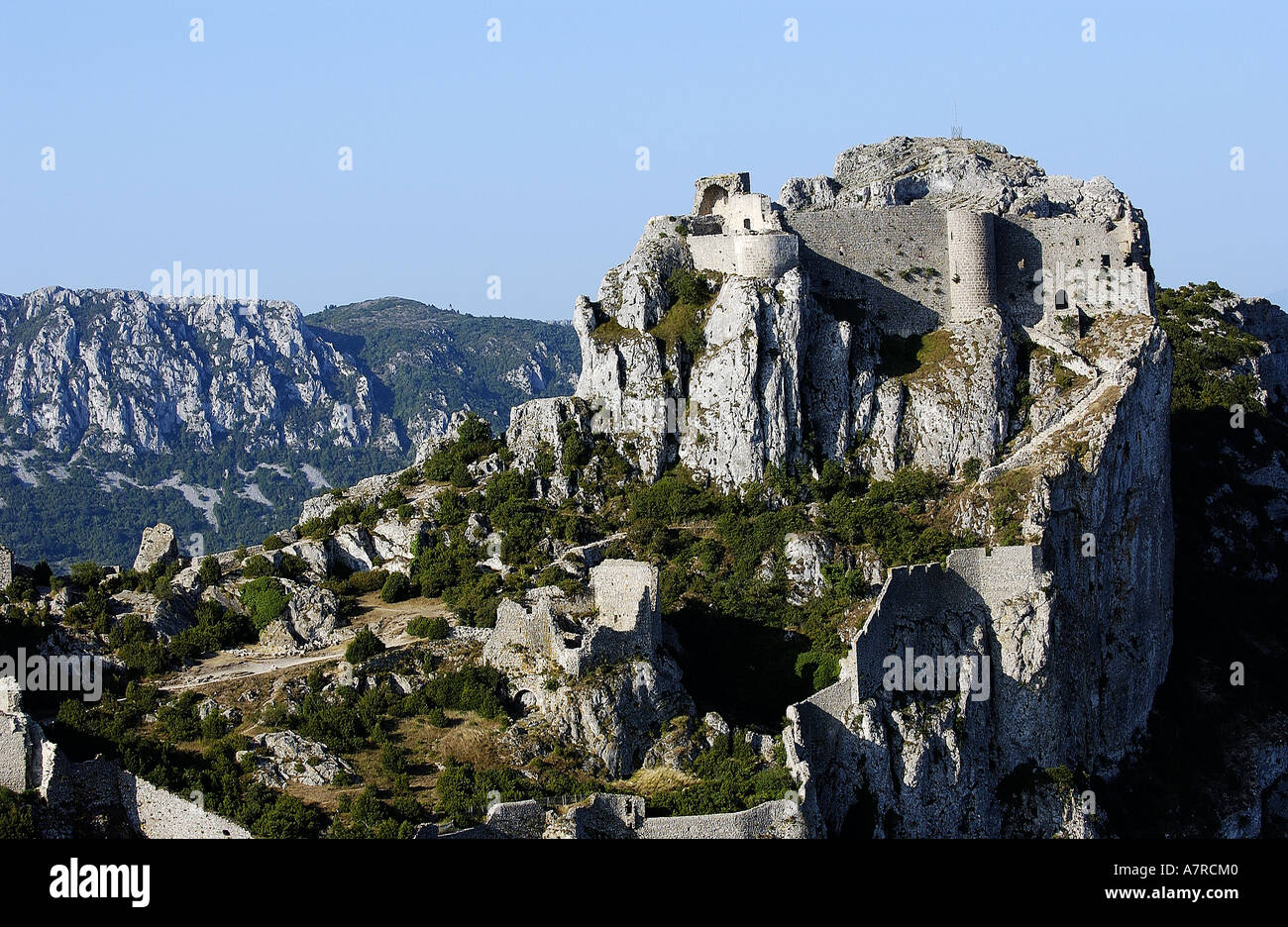 France, Aude, château cathare de Peyrepertuse (vue aérienne) Banque D'Images