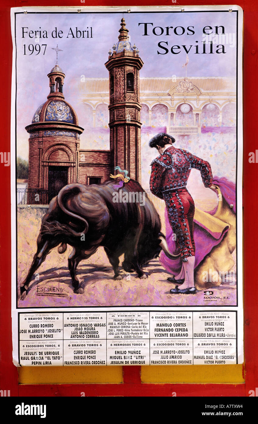 Espagne, Andalousie, Séville, une affiche de la corrida au cours de la Feria (festival annuel) Banque D'Images