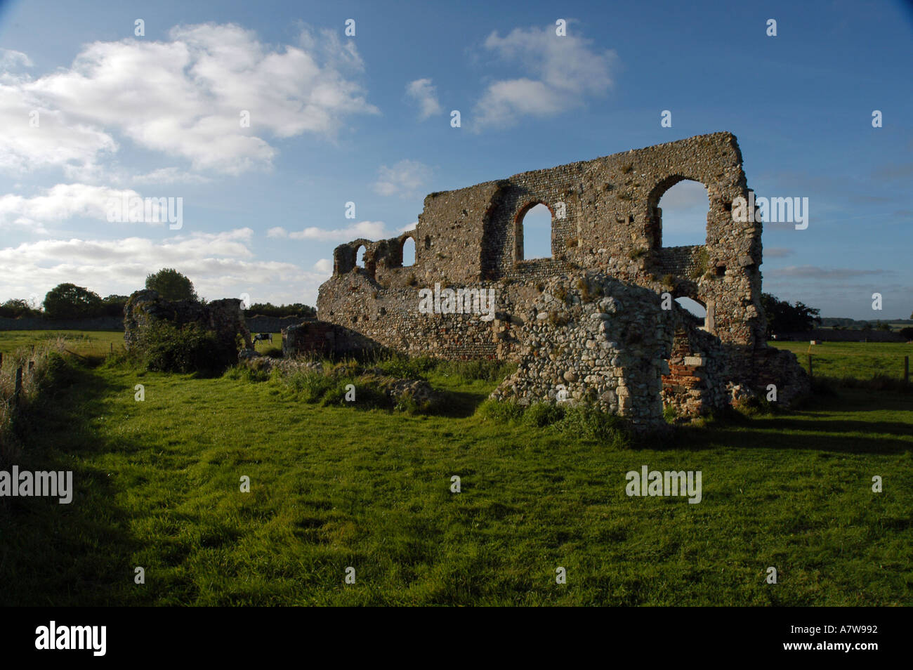 Dunwich sur la côte du Suffolk, Angleterre. Tout ce qui reste de Dunwich est une pierre tombale et les ruines du couvent franciscain de Greyfriars. Banque D'Images
