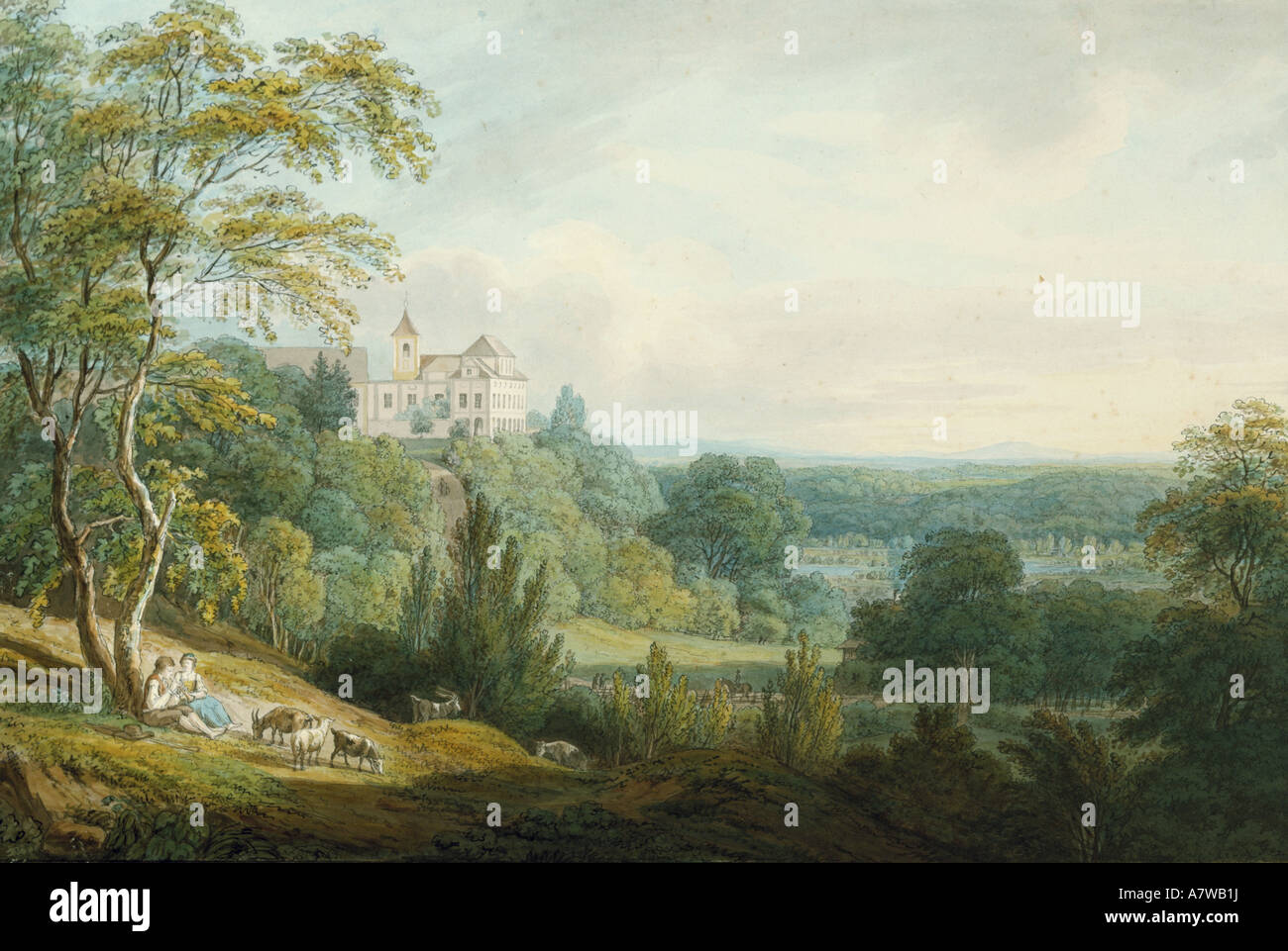 Beaux-arts, Warnberger, Simon (1769 - 1847), 'Ansicht von Harlaching an der Isar", peinture, 1798, dessin de plume et aquarelle, 29,2x44 cm, Stadtmuseum Munich, , n'a pas d'auteur de l'artiste pour être effacé Banque D'Images