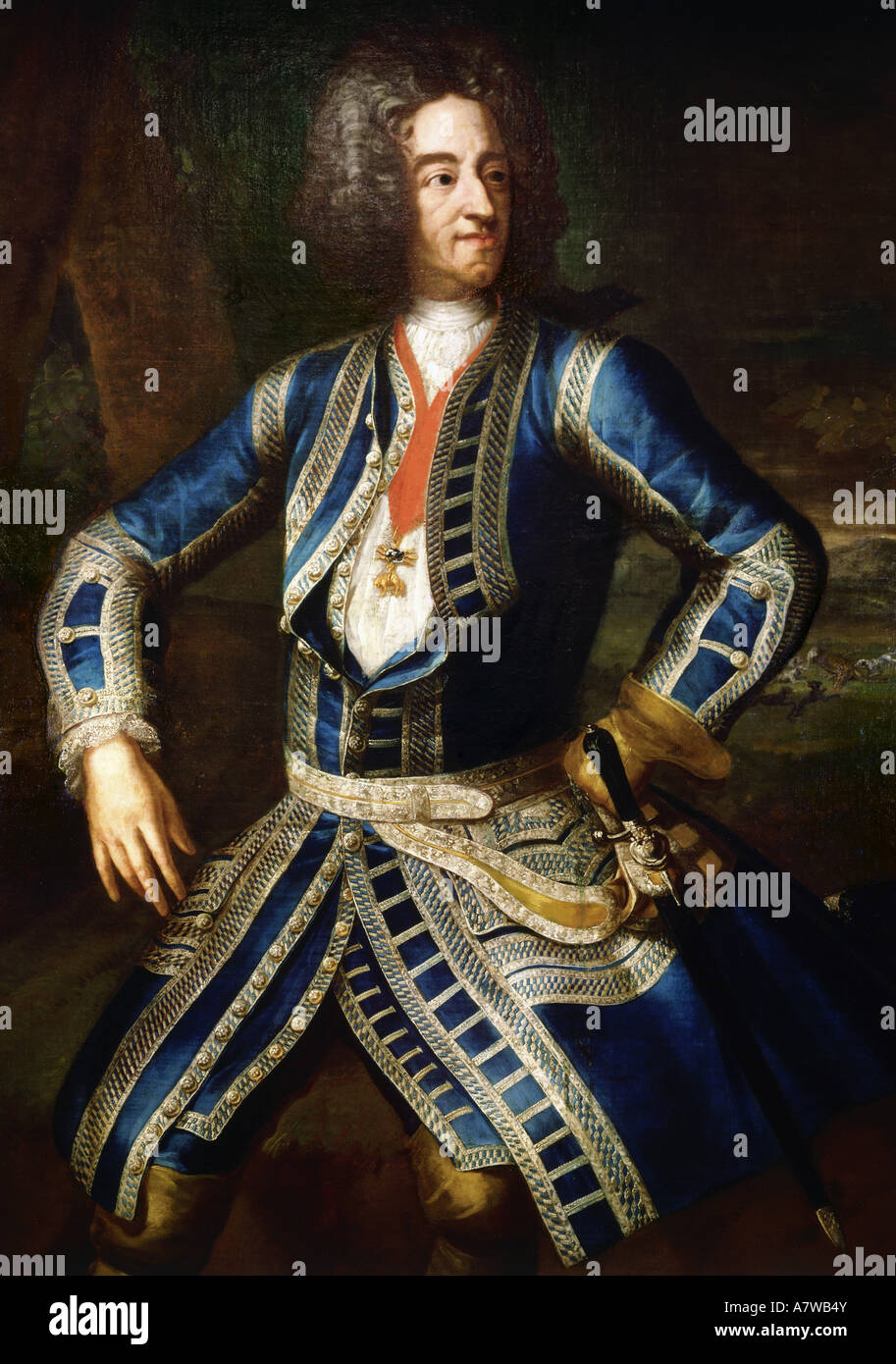 Maximilian II Emanuel , 11.7.1662 - 26.2.1726, Électeur de Bavière 26.5.1679 - 26.2.1726, demi-longueur, en uniforme de chasse de gala, peinture de George von Desmarets (1697 - 1776), détail, Musée de la chasse de Munich, , Banque D'Images