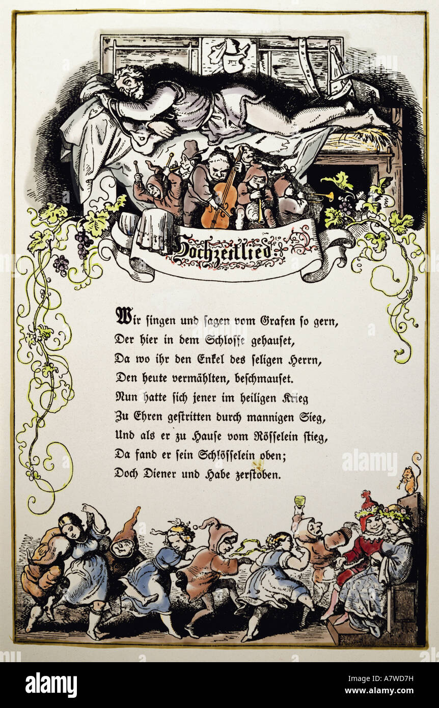 Beaux-arts, Richter, Ludwig (1803 - 1884), chanson de mariage, gravure couleur, 'ächsischer Volkskalender", von Karl Gustav Nieritz, 1873, collection privée, , n'a pas d'auteur de l'artiste pour être effacé Banque D'Images