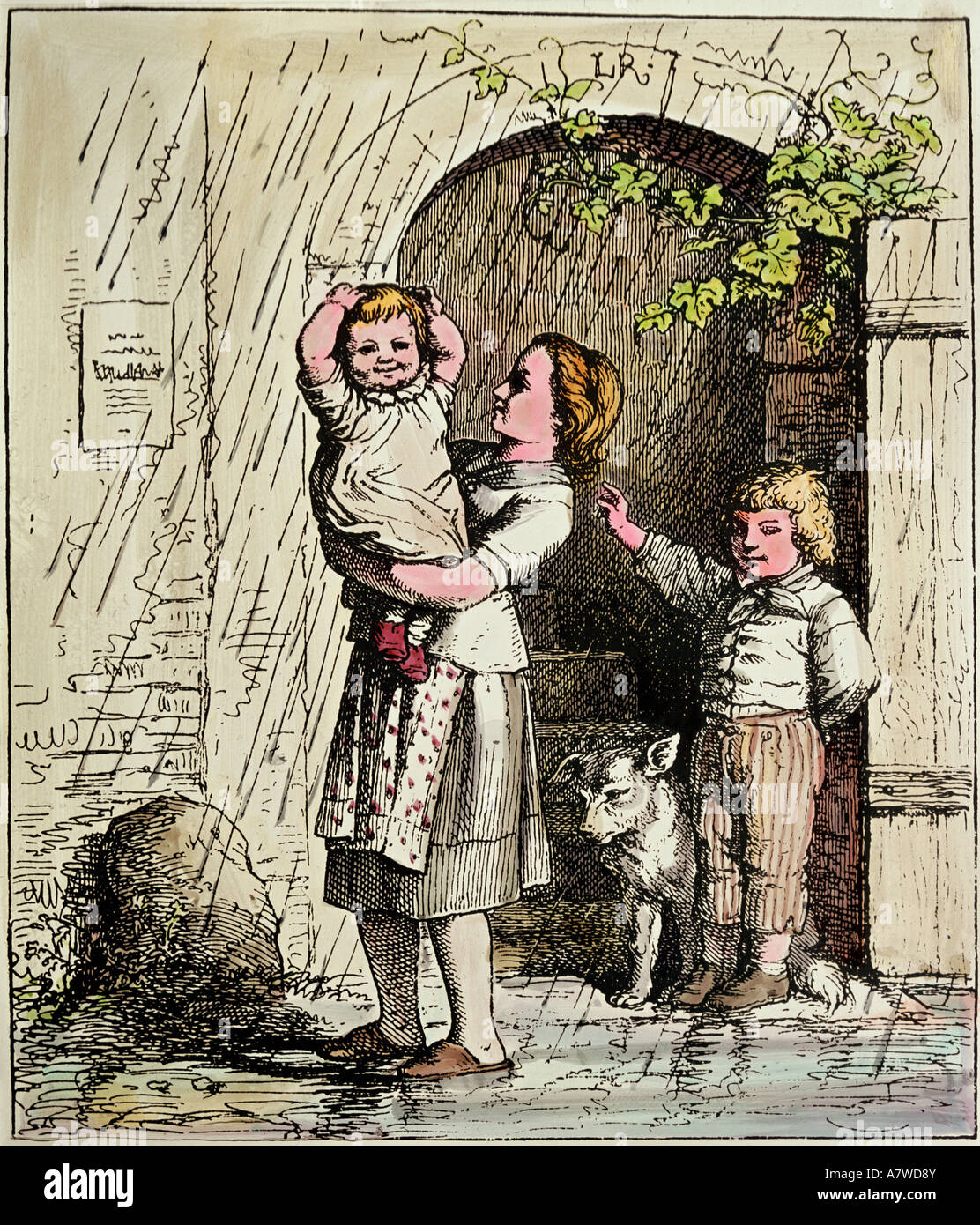 Beaux-arts, Richter, Ludwig (1803 - 1884), la pluie en mai, gravure couleur, 'Scherers Deutsches Kinderbuch", vers 1880, collection privée, , n'a pas d'auteur de l'artiste pour être effacé Banque D'Images