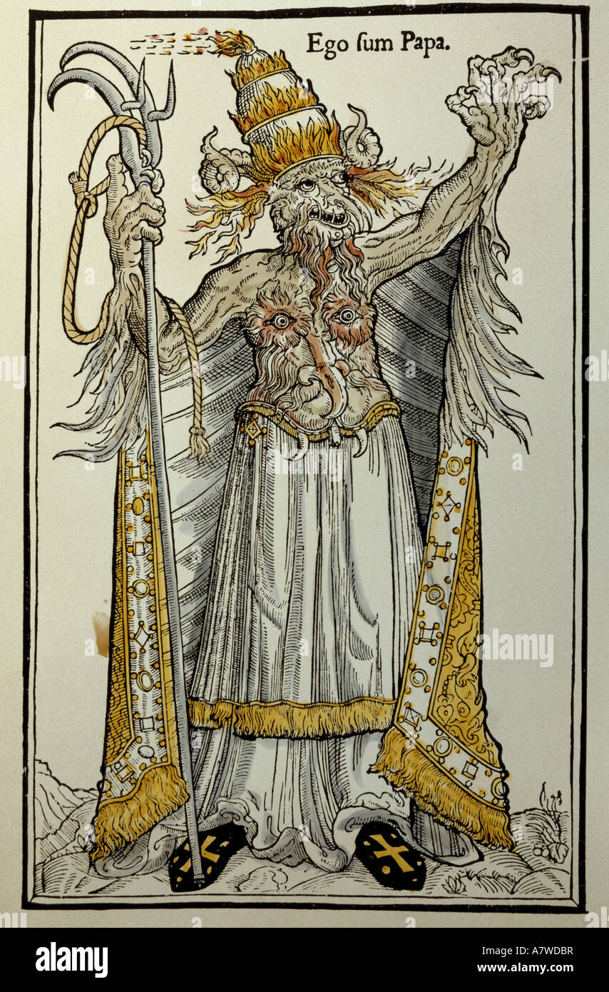 Alexander VI (Rodrigo de Borja), 1.1.1431 - 18.8.1503, Pape 11.8.1492 - 18.8.1503, caricature, comme diable, grand format, boiseries colorées, Paris, vers 1500, collection privée, , Banque D'Images