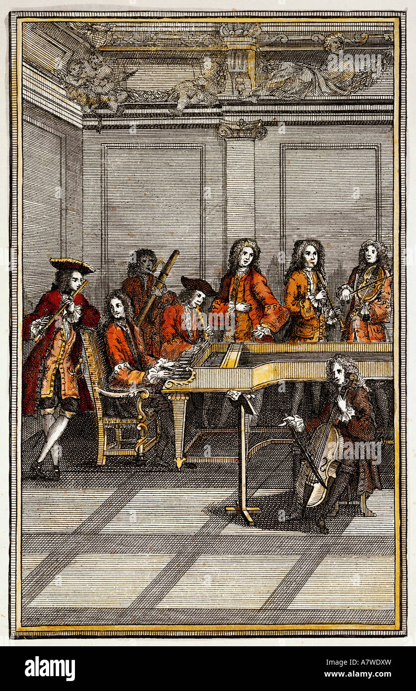 Musique, groupes de musique, ensemble, octet, frontispiece à 'The Modern Music-Master ou The Universal Musician' von Peter Prelleur, Londres 1731, collection privée, , Banque D'Images