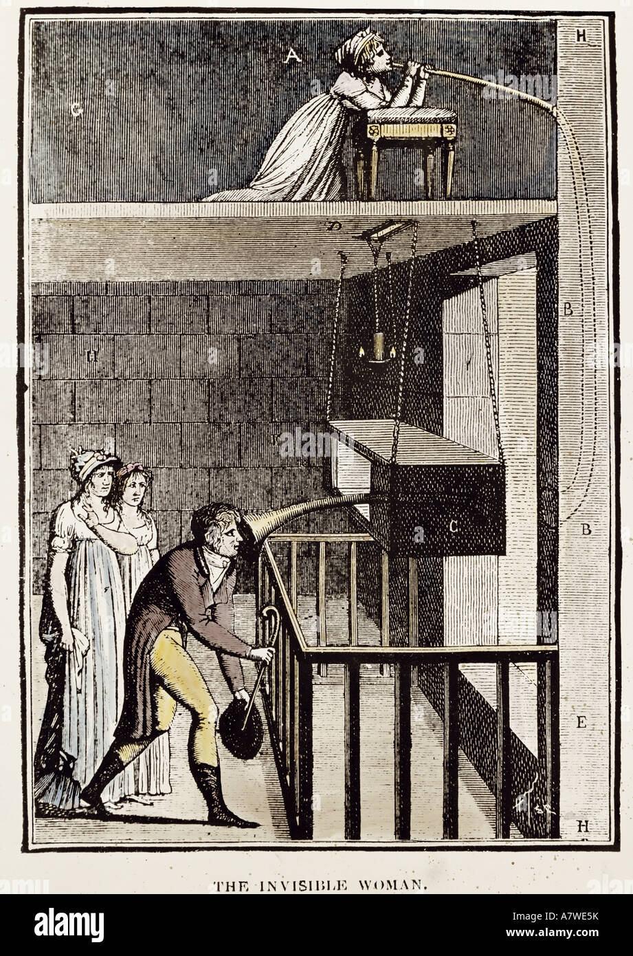 Superstition, fantômes, 'La femme invisible', transfert de la voix d'une femme invisible par un tube parlant, gravure colorée, Angleterre, vers 1800, collection privée, Banque D'Images
