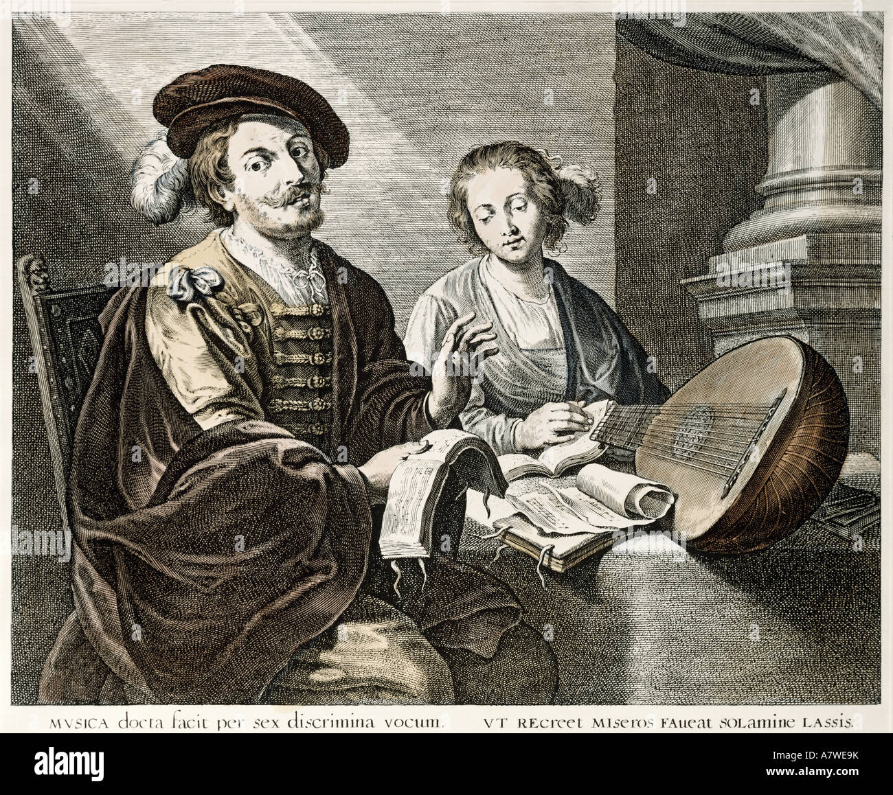 La musique, des groupes de musique, ensemble, duett, gravure couleur par Adam Bolswerth, (1586 - 1659) après la peinture par Th. Rombouts, (1597 - 1637), collection privée, musiciens, chanteur, people, couple, Pays-Bas, 17e siècle, historique, historique, l'artiste n'a pas d'auteur pour être effacé Banque D'Images