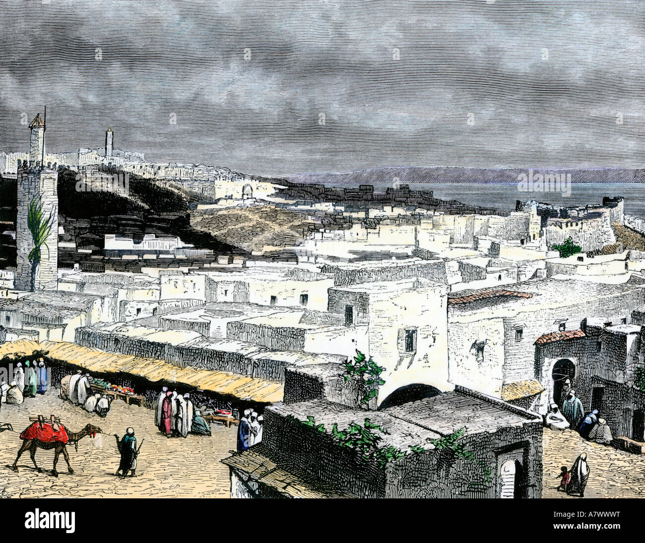 Tanger, Maroc, surplombant le détroit de Gibraltar des années 1800. À la main, gravure sur bois Banque D'Images