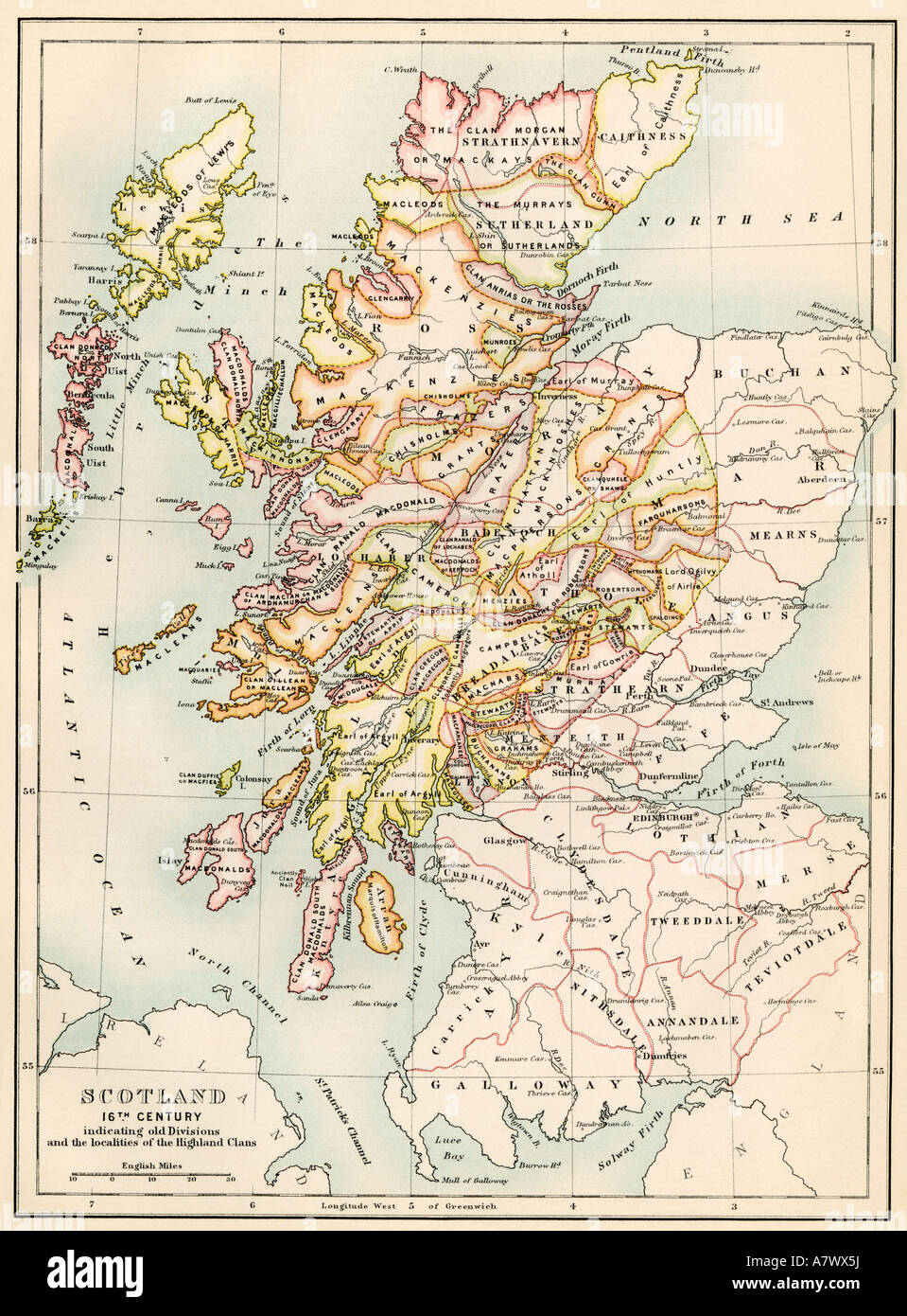 La carte de l'Écosse dans les années 1520 montrant les territoires des clans des Highlands. Lithographie couleur Banque D'Images