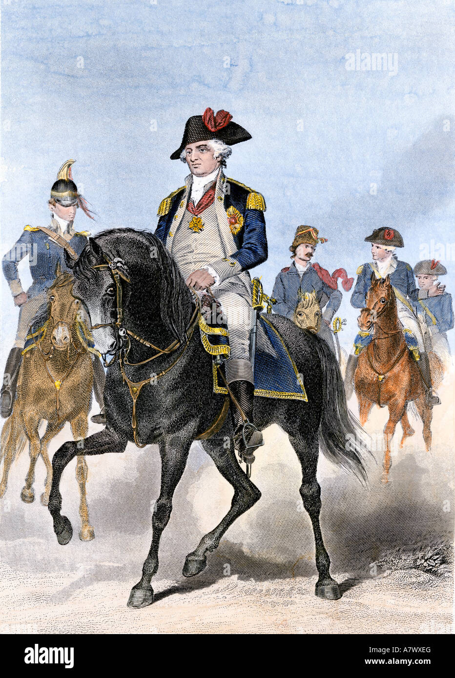 Le Baron prussien Von Steuben à cheval avec des officiers de l'armée continentale à Valley Forge. À la main, gravure sur acier Banque D'Images