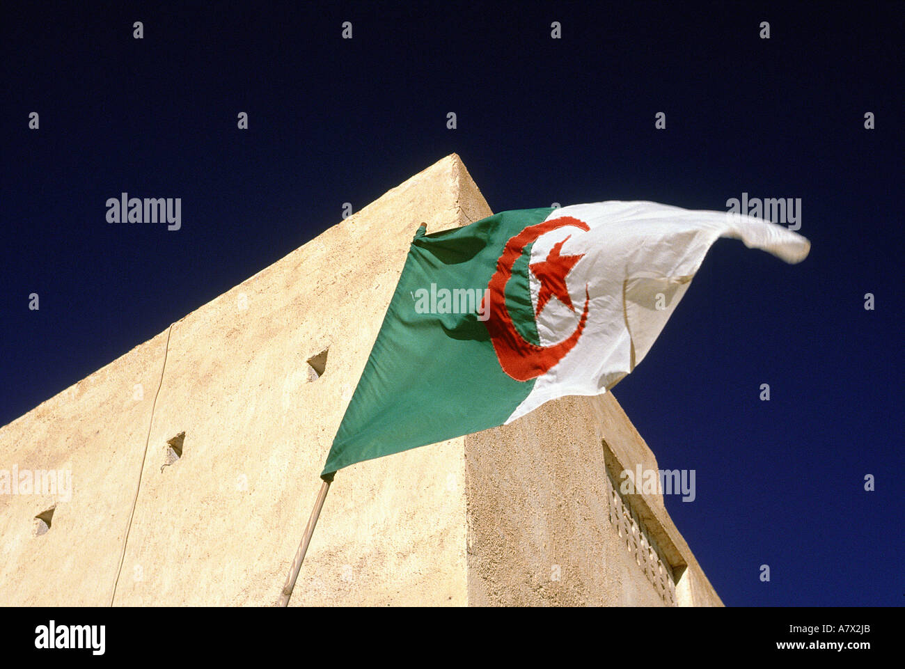 L'Algérie, Sahara, Oasis Guardaia, drapeau algérien en haut de l'antique mosquée adobe Banque D'Images